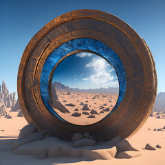 3d render, abstract fantastic background. a extra dimensional portal in the middle of desert,clear blue sky