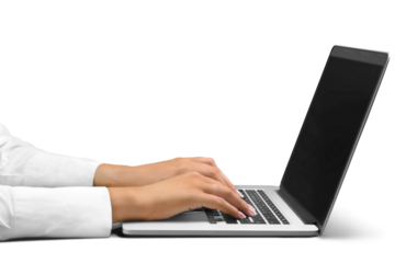 Female hands on laptop on a white background
