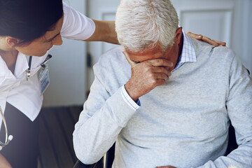 Nurse help depressed senior man for support, healthcare and counselling in retirement home. Sad,...