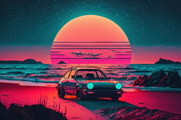 Fototapeta na wymiar Retro futuristic synthwave style sunset at the beach colorful background with super moon behind it, generated with AI. Suitable for background design, wallpaper, futuristic website, poster, banner.