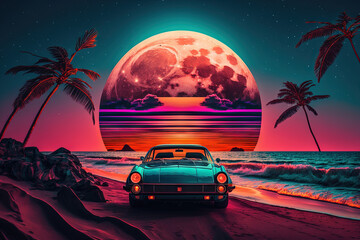 Retro futuristic synthwave style sunset at the beach colorful background with super moon behind it, generated with AI. Suitable for background design, wallpaper, futuristic website, poster, banner.