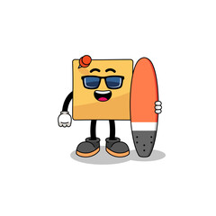 Mascot cartoon of sticky note as a surfer