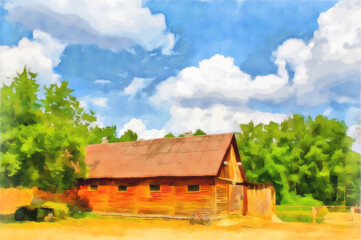 Fototapeta na wymiar Watercolor rural landscape. Barn, stable in the village. Cart with hay, hedge on the background of the forest. Digital painting. Drawing watercolor. Travel and vacation concept.
