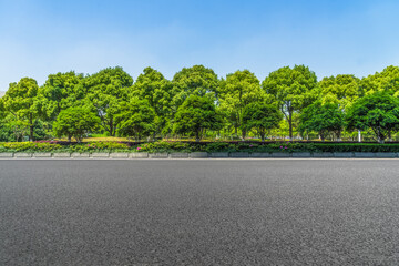 Asphalt road and green trees in the blue sky.