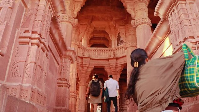 red stone ancient hindu temple architecture from unique angle at day