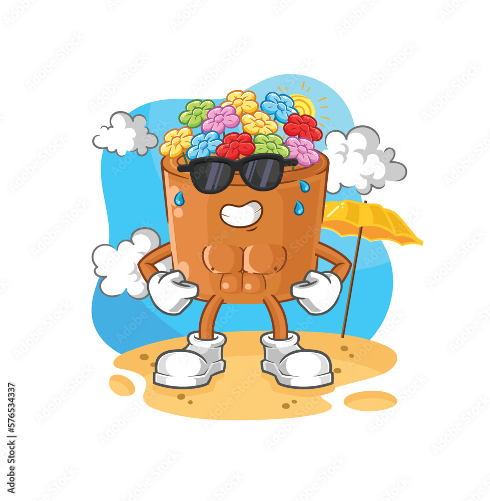 Poster flowers in pot sunbathing in summer. character vector