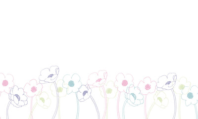 アネモネの線画イラスト。アネモネの花びらの背景フレーム。Line drawing illustration of anemone. Anemone petals background frame.