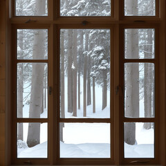 large picture window with a view of snowy woods in winter, generative AI