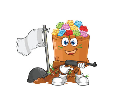 recommend clip art: flowers in pot army character. cartoon mascot vector