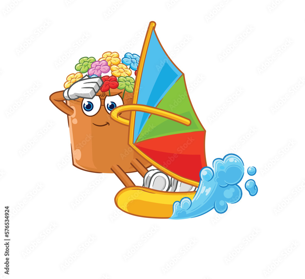 Poster flowers in pot windsurfing character. mascot vector