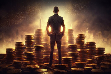 Successful Businessman Amid Towering Pile of Bitcoin Coins - Generate AI