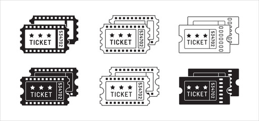 Ticket icon set. Stacked ticket icon collection. Movie theatre ticket with stub line icons. Raffle voucher coupon sign. Vector stock illustration. Flat outline design style.