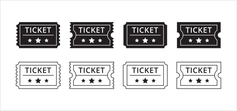 Ticket icon set. Movie theatre ticket with stub line icons. Raffle voucher coupon sign. Vector stock illustration. Flat outline design style.