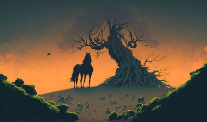 horseman and scary tree in the mysterious landscape, digital art style, illustration painting, Generative AI