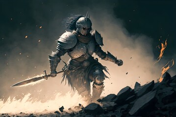 Fototapeta premium knight in iron armor swinging his magic ax on the battlefield, Generative AI