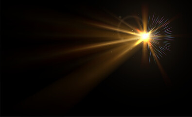 Abstract golden light rays with sparks. Exploding gold glitter with sparkling illustration isolated on black background