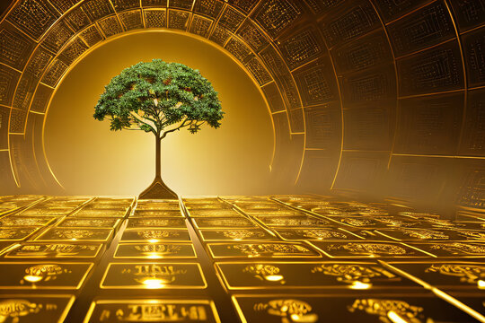 Premium Photo  Golden Tree of Life atop a Wealth of Coins A Symbol of  Abundance and Prosperity in 3D Render