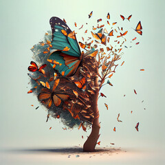 Tree exploding with butterflies generative ai