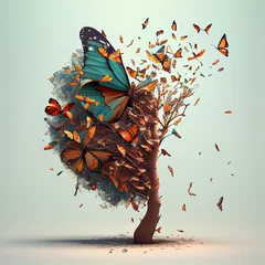 Aluminium Prints Butterflies in Grunge Tree exploding with butterflies generative ai