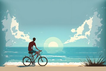 young man sitting on a bicycle looking at the sea on a summer day, illustration
