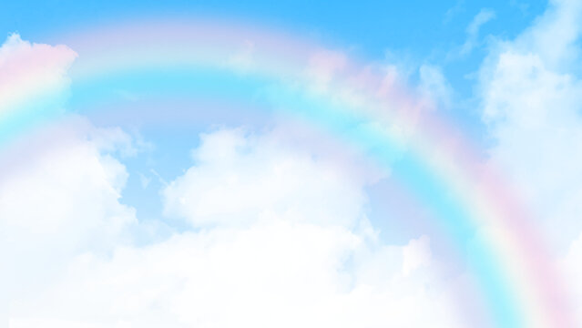Blue sky background with rainbow clouds background. Beautiful white clouds and blue sky with rainbow effect