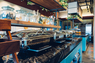 Catering equipment  trays setup before event. Equipment setup for buffet. Equipment buffet food setup before event. 