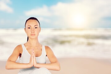 Fototapeta na wymiar Happy young woman do meditation relax