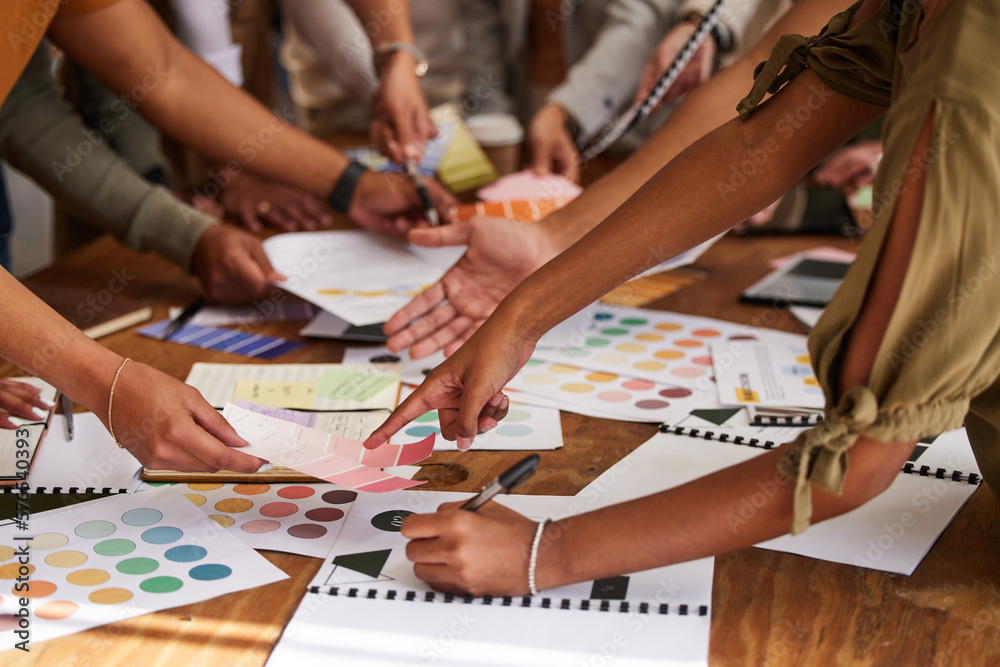 Poster creative, hands and color palette on pointing in meeting, planning or brainstorming design strategy 