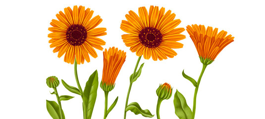 drawing realistic orange calendula flowers and buds at at white background, hand drawn illustration,floral design elements