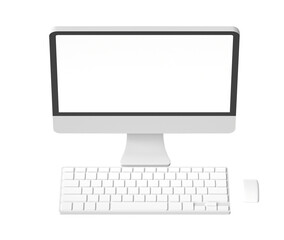 3d computer display with blank screen mockup. desktop PC with keyboard and mouse. isolated on transparent background