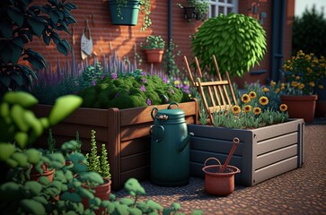 garden furniture in garden with a theme of environmental education made with generative ai