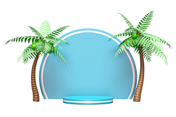 3d blue cylinder stage podium empty with coconut palm tree isolated. modern stage display, minimalist mockup, abstract showcase background. Concept  3d render illustration