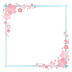桜の花とグラデーションラインの四角フレーム 背景 バナー/正方形・水色