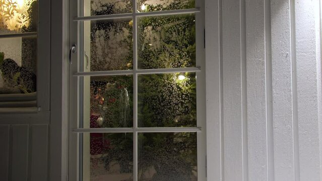 Happy Family Celebrate Christmas Eve, Outside View Through Frosty Window