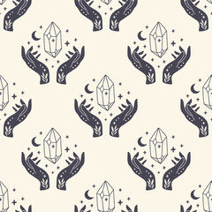 Stoffe zum Nähen Mystical vector seamless pattern with witchy hands and celestial crystal. Boho digital paper. Hand drawn magical print. Esoteric illustration for fabric, textile, cover, wallpaper.