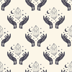 Mystical vector seamless pattern with witchy hands and celestial crystal. Boho digital paper. Hand drawn magical print. Esoteric illustration for fabric, textile, cover, wallpaper.