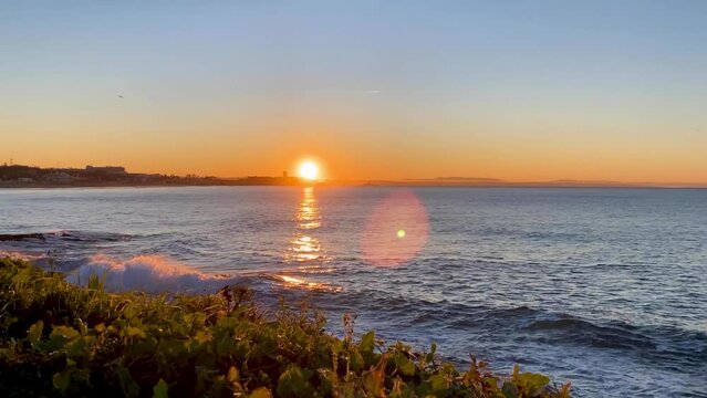 amazing view of fort saint Julian (sao juliao) in Carcavelos entering at day. Cascais in sunny day in winter season. timelapse