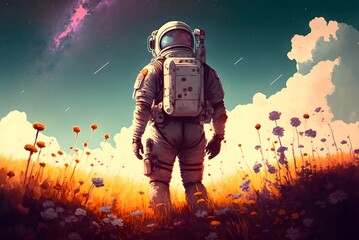 Obraz premium Astronaut standing in a field of flowers, digital art style, generative AI