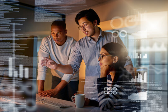 Maybe if we try this code. Shot of computer programmers looking through data in the office.