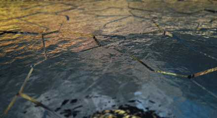 夕焼けを反射したヌラヌラキラキラした金属のような地面のひび割れ・地震・地割れ