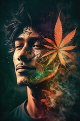 Cannabis 420 Culture: A Beautiful Artistic Designer Portrait of Asian Men and Women Adventuring Happily with Weed Marijuana with Colorful Psychedelic Smoke Background (generative AI