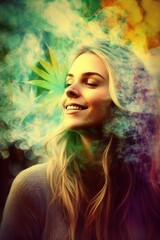 Cannabis 420 Culture: A Beautiful Artistic Designer Portrait of Caucasian Woman Adventuring Happily with Weed Marijuana with Colorful Psychedelic Smoke Background (generative AI