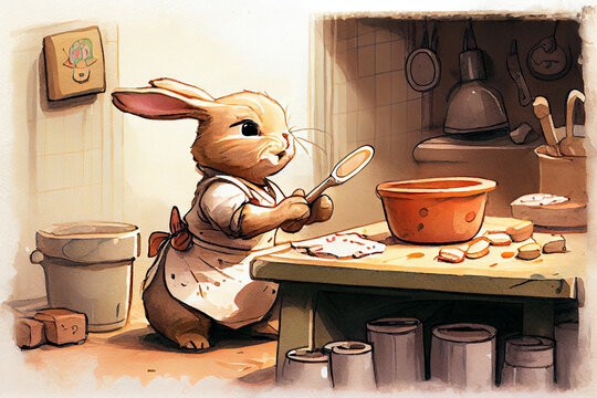 cute simple watercolor of a rabbit, generative ai