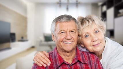 Happy old couple together have fun at home