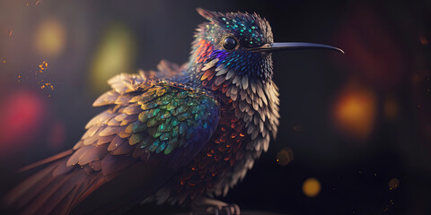 Obraz premium This photograph beautifully captures a hummingbird in sharp focus against a background of natural light flares and bokeh. AI-Generated