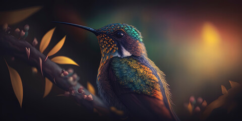Obraz premium This photograph beautifully captures a hummingbird in sharp focus against a background of natural light flares and bokeh. AI-Generated
