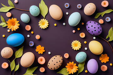 Fototapeta na wymiar easter eggs and flowers banner illustration, generative ai