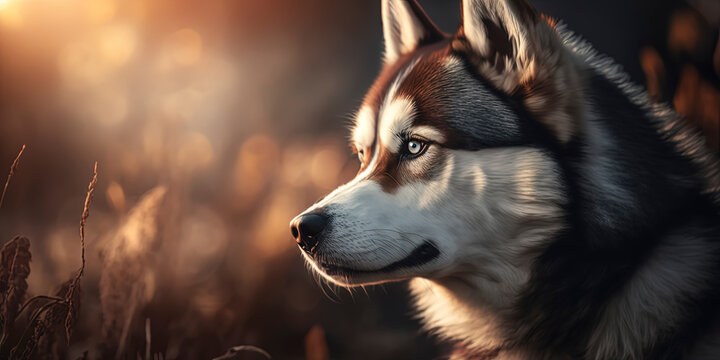 This photograph beautifully captures a husky in sharp focus against a background of natural light flares and bokeh. AI-Generated