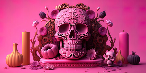 Traditional day of the dead altar in pink vivid color. Dia de los muertos, mexican tradition. Sugar skull. AI-Generated