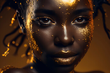 Editorial photography, black woman, dripping in gold and glitter. AI-Generated